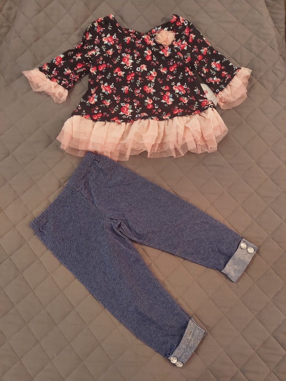 Girls Floral Top and Blue Knit Leggings Set - Pink & Blue